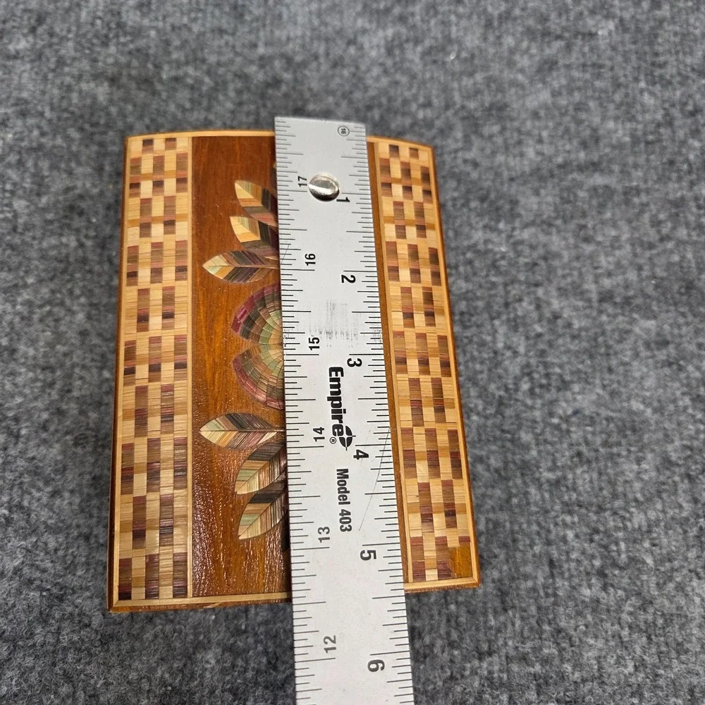 Colorful Straw Mosiac Trinket Box Intricate Folk Art Design Hinged Lid Wood USSR